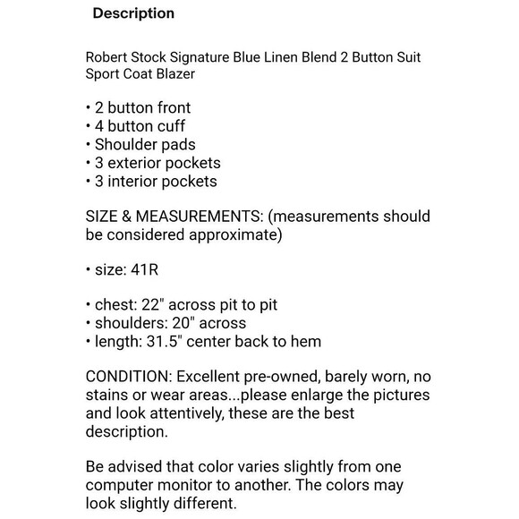 Robert Stock Signature Blue Linen Blend Suit Sport Coat Blazer  41R  Business - Picture 7 of 7